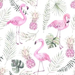 hand drawn watercolor seamless pattern. background with pink flamingo, pineapple and tropical leaves. perfect for wrapping paper, fabric, linens, invitations, greeting cards, prints