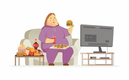 fat woman watching tv - cartoon people character isolated illustration on white background. a plump woman in tracksuit sitting on a couch, eating fast food, drinking soda. unhealthy lifestyle concept