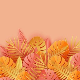 tropical paper palm, monstera leaves frame. summer tropical leaf. origami exotic hawaiian jungle, summertime background. paper cut style, pastel colors