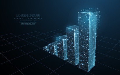 graph grows. low poly wireframe mesh looks like constellation on dark blue background with dots and stars. crumbled edge. success, achievement and business symbol, illustration or background