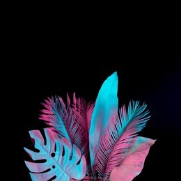 tropical and palm leaves in vibrant bold gradient holographic neon  colors. concept art. minimal surrealism background.