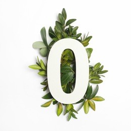 number zero shape with green leaves. nature concept. flat lay. top view
