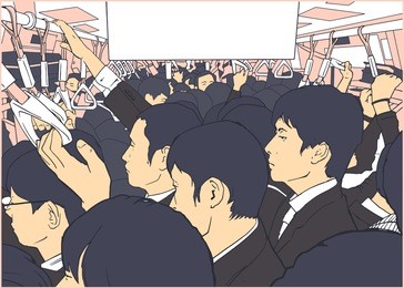 illustration of crowded metro, subway cart in rush hour salary men
