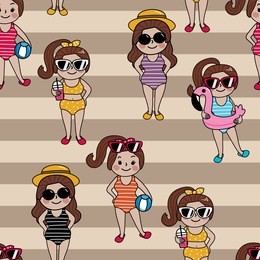 girl is wearing a swim suit and bikini in summer. seamless pattern and background.