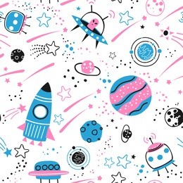 baby seamless pattern - space, spaceships and planets with stars. trendy kids vector background.