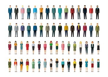 set of businessmen and businesswomen in flat style. people in various office clothes stand in the front. flat design, vector illustration.