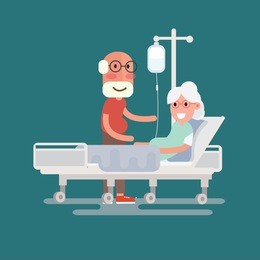 a senior man visits a patient lying on hospital bed - grandfather visits sick grandmother in flat design