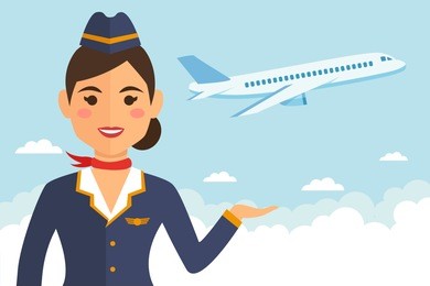 stewardess woman in uniform with flight tickets on blue airplane background. vector illustration