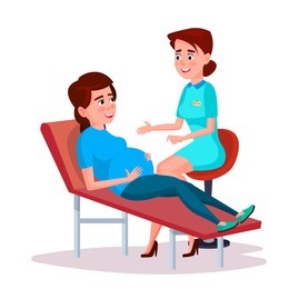 vector cartoon female pregnant patient at woman gynecologist doctor consultation at clinic. pregnancy, maternity and baby healthcare concept illustration. young mother prenatal care, checkup