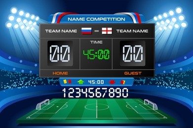 russia world cup 2018 electronic stadium scoreboard displaying arena match results. vector wallpaper illustration.