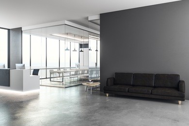 modern office interior with reception desk and copy space on wall. mock up, 3d rendering 