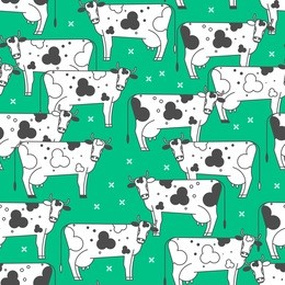 seamless pattern with cows. black and white animals on a green background. linear vector illustration.