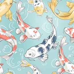 seamless pattern with koi and bubbles in the pond background with colorful fish