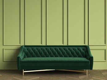 tufted dark green sofa in classic interior with copy space.green walls with mouldings. floor parquet herringbone.digital illustration.3d rendering