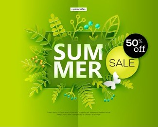 summer sale banner with paper cut out leaves on green background, natural floral design for flyer, invitation, poster, web site, label. paper art style, vector illustration