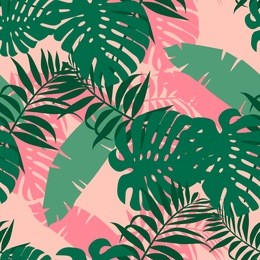 exotic monstera, banana leaf on a light pink background. print summer seamless vector pattern wallpaper in trend colors. 