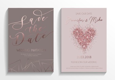 wedding invitation card set. modern design template with rose gold glitter heart and lettering. elegance wedding invitation with geometric elements. vector illustration.