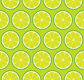 limeade lime seamless vector pattern tile. green limes cut in half into round slices arranged on yellow-green background. lemonade stand summer party decoration. food packaging design. swatch included