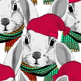 vector seamless pattern with dressed rabbits. rabbits with red hats and scarves. 