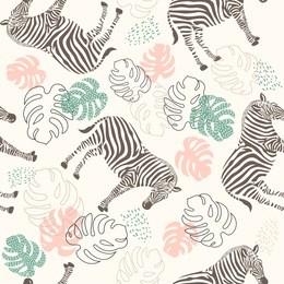 seamless zebra pattern and tropical leaves , vector illustration of a tropical print