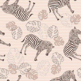 seamless zebra pattern and tropical leaves on a striped background, vector illustration of a tropical print