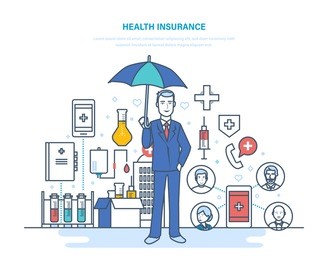 health insurance. life insurance, healthcare, protection health and safety of patients. mobile application for medicine. emergency first aid, financial investments. illustration thin line design.