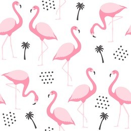 tropical seamless pattern with flamingo and exotic leaves. vector illustration