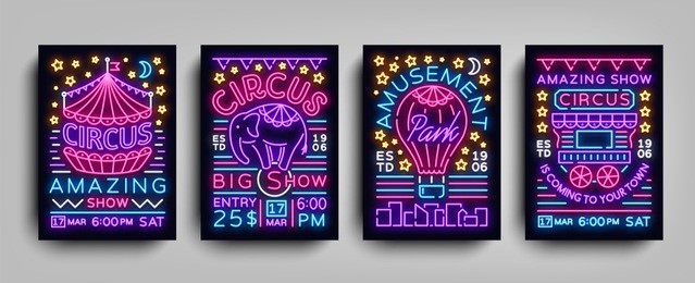 circus collection of posters design templates neon style. circus set of neon signs, tent, elephant, amusement park, light banner, neon flyer, advertising of circus performances. vector illustration