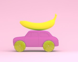 lemon fruit layout wheel and banana, car pink on pastel pink background. minimal idea food and fruit concept. idea creative to produce work within an advertising marketing communications. 