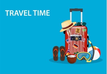 travel bag, luggage suitcase with stickers, straw hat, beach ball, sandals, shoes . summer time, vacation, tourism concept. vector illustration in flat style