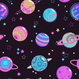seamless pattern with decorative fantasy planets and stars on the dark background. vector abstract space texture.