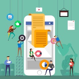 flat design concept team working for building email marketing on mobile. vector illustrate.