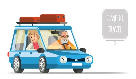 older people life style vector flat  illustration and life adventure and pleasure enjoyment. grandpa and granny couple traveling by car. white isolated background