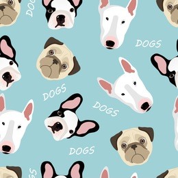 seamless vector pattern with dogs of pug breed, french bulldog, bull terrier.