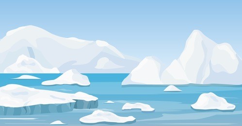 vector illustration of cartoon nature winter arctic landscape with iceberg, blue pure water and snow hills, mountains.