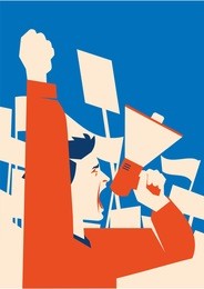 man holds a loudspeaker in hand. demonstration with banners flat llustration.