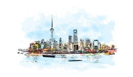 building view of shanghai. china’s central coast, is the country's biggest city and a global financial hub. watercolor splash with hand drawn sketch illustration in vector.