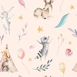 cute family baby raccon, deer and bunny. animal nursery giraffe, and bear isolated illustration. watercolor boho raccon drawing nursery seamless pattern. kids background, nursery print design