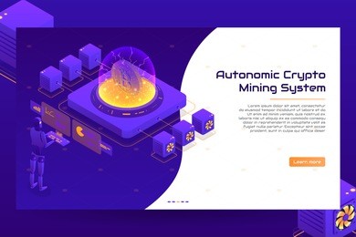 isometric crypto mining concept banner. concept of cryptocurrency mining. vector illustration with robotic organism.