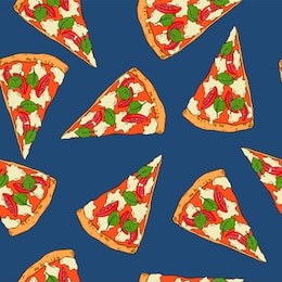 seamless pattern with
pizza slices on dark
blue background. hand drawn vector illustration.