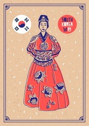 vector hand drawn card with national symbol of south korea. traditional women's clothing of south korea