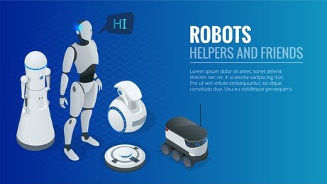 isometric concept robot programming. robots helpers and friends