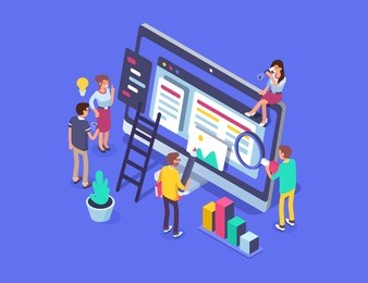 people team work together in web industry. can use for web banner, infographics, hero images.  flat isometric vector illustration isolated on white background.
