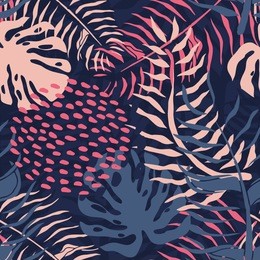 tropical seamless pattern with palm leaves. summer floral pattern with pink palm leaves and monstera foliage on dark background. memphis seamless pattern for textile industry. vector