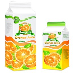 packages for juice, paper packing with oranges and leaves & text, vector illustration