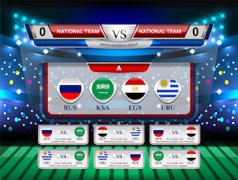 badges set of national flag group with scoreboard broadcast and match schedule for world soccer championship 2018, vector illustration