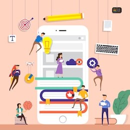 flat design concept team working for building e-book application on mobile. vector illustrate.