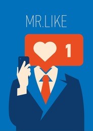 businessman with like instead head. holding smartphone with social network