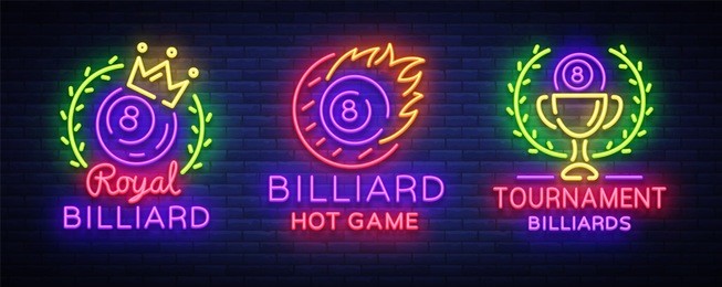 billiards collection of logos neon style. neon signs set design template for billiard bar, club, beer and billiards, royal, light banner, night neon advertisement, design element. vector illustration