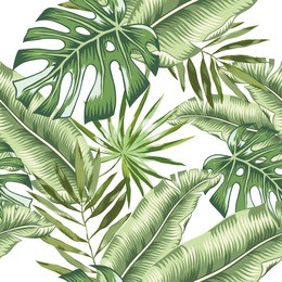 green banana, monstera palm leaves on the white background. vector floral seamless pattern. tropical jungle foliage illustration. exotic plants greenery. summer beach design. paradise nature.